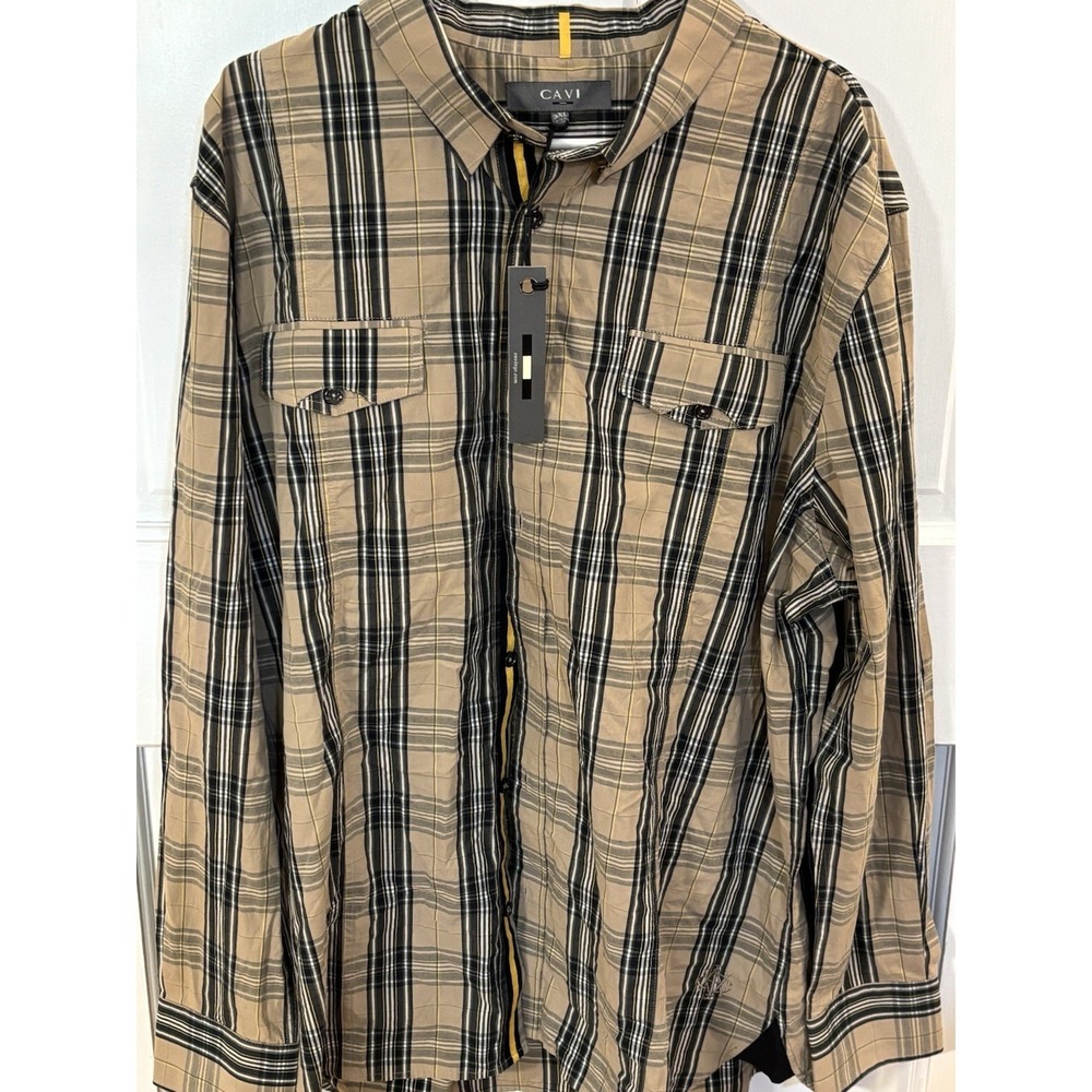 NWT Cavi Mens Western Plaid Tan Button Up Shirt Long Sleeve Size 3XL